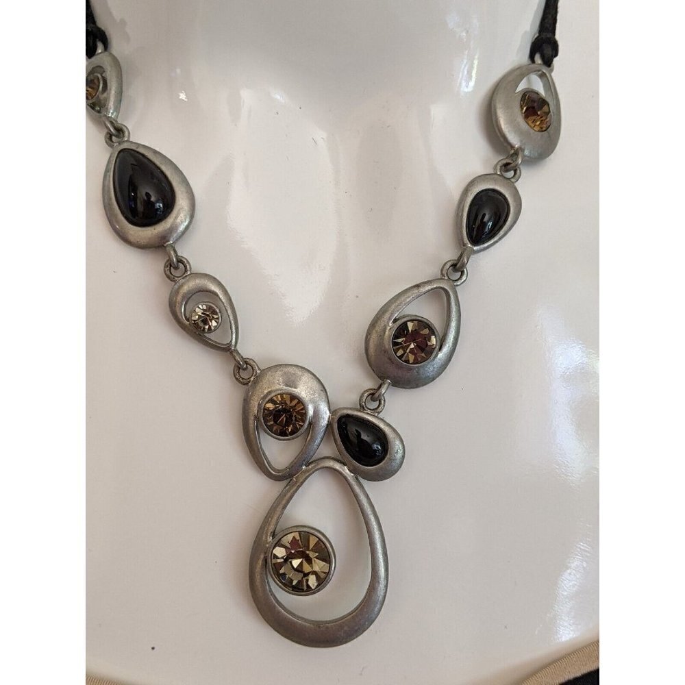 LIA SOPHIA Teardrop Crystal Pendant Night Moves Necklace Nickel Tone Black Suede